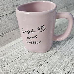 Rae Dunn Baby Pink Ceramic Mug with 'Hugs and Kisses' Design